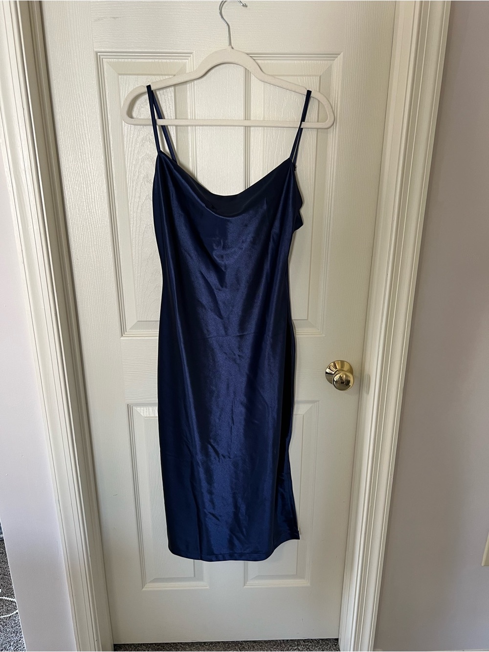 Satin Cowl Neck Slip Dress in Navy